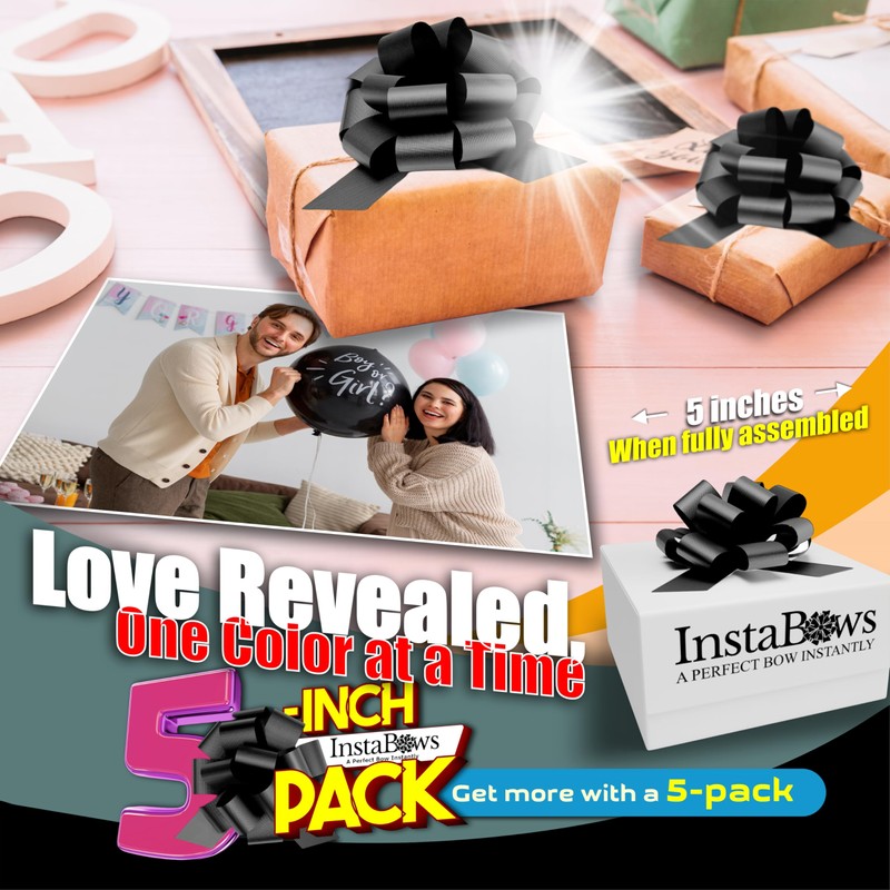 InstaBows 5-Inch Black Pull String Gift Bows – Satin Finish,