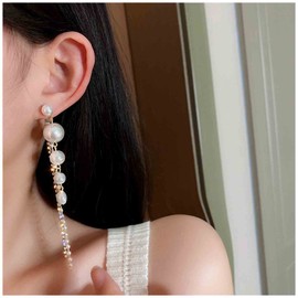 Yheakne Boho Pearl Earrings Tassel Earrings Long Crystal Chain Earrings Gold Drop Pearl Earrings Vintage Pearl Wedding Earrings Jewellery for Women and Girls, Alloy Steel Pearl