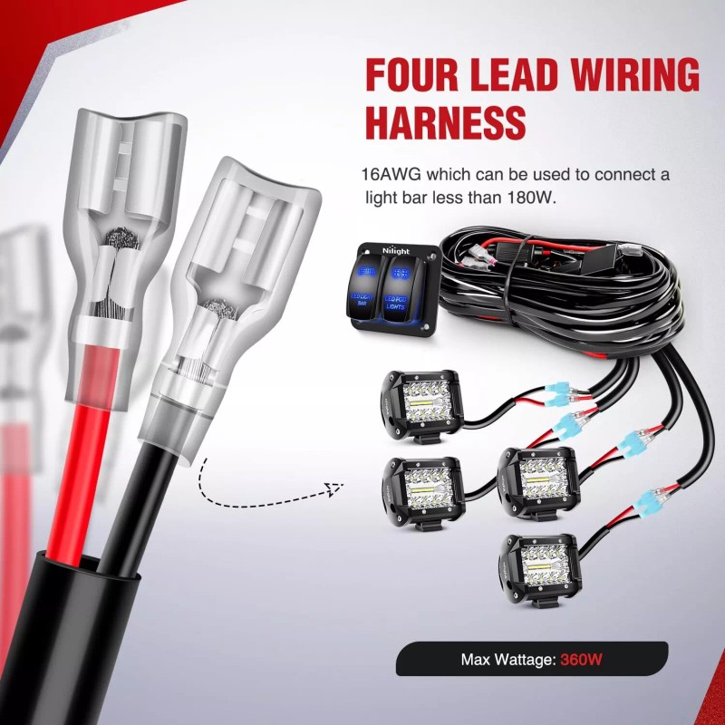 Nilight 16AWG LED Light Bar Wiring Harness Kit 12V On/Off