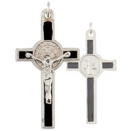 Autom Silver-Tone and Black Saint St. Benedict Medal Crucifix Pendant, Religious Devotional Jewelry Making Supplies, Saints Gifts for Catholic Men and Women, 1.25 Inches