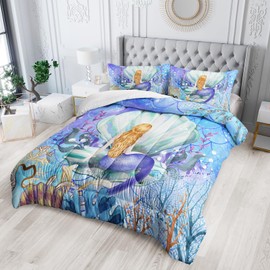 Nttopship Mermaid Princess Comforter Sets Queen Size Bedding Sets for Kids,Blue Ocean and Scallops Comforter Sets All Season 1 Comforter and 2 Pillowcases