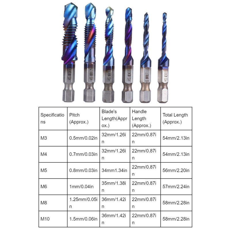 6pcs Spiral Tap Drill Bit Set Blue Plating Coating Hex