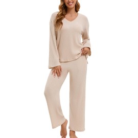 LEYSHE Two-Piece Long Sleeve Leisure Suit Women's Elegant Lounge Set V-Neck Leisure Suit Ribbed Outfit Knitted Set Women's Tracksuit Pyjamas Winter, beige
