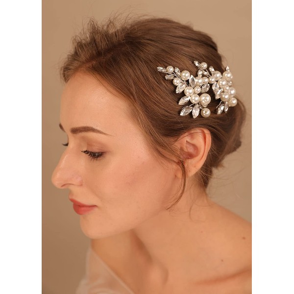 Denifery 2 clips para el pelo de boda con perlas plateadas para el pelo, clips de pelo para novia y damas de honor