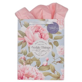 Christian Art Gifts Large Portrait Inspirational Scripture Gift Bag, Tag & Wrapping Tissue Paper Set for Moms: Noble Things Encouraging Bible Verse, Cute Sturdy Satin Ribbon Handles, Blue/Pink Floral