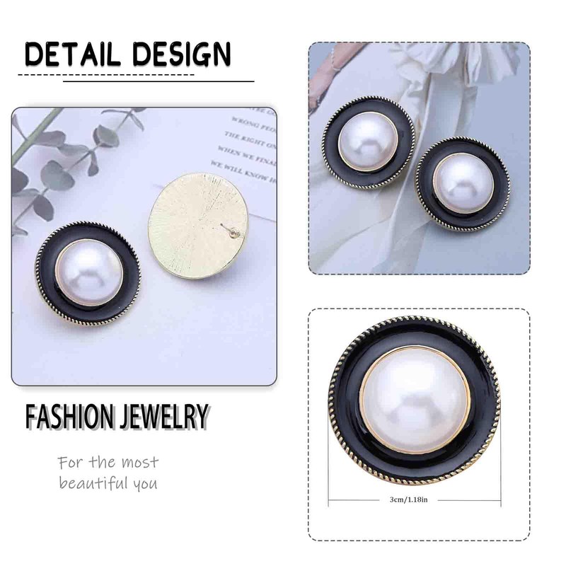 IRCOMULTI Vintage Pearl Black Enamel Earrings Large Round Pearl Stud