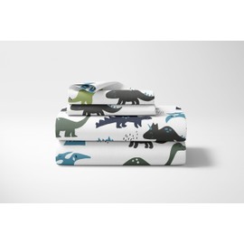 Sweet Jojo Designs 4pc Queen Sheets Set (Blue Green Dinosaur) for Boys, Kids Childrens Breathable Bedding incl. Bed Flat Fitted Sheet & Pillow Cases (Modern Dino, Dinosaurs Theme, T-Trex, Jurassic)