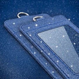 PU Leather ID Badge Holder, Life-Mate ID Badge Holder with 1 Clear ID Window 1 Credit Card Slot and PU Leather Lanyard for Badge Credit Cards College ID Cards in Glitter Blue