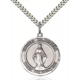 Pewter Virgen Milagrosa Religious Medal Pendant Necklace 24" Chain GiftBox