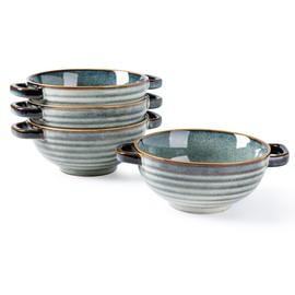 GBHOME Ceramic Soup Bowls with Double Handles, 24 OZ Soup Cups Set for Soup, Cereal, Stew, Salad, Noodles, Ramen，Microware &Dishwasher Safe, Set of 4