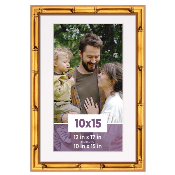 CustomPictureFrames 10x15 Frame Gold Bamboo With White Picture Mat For
