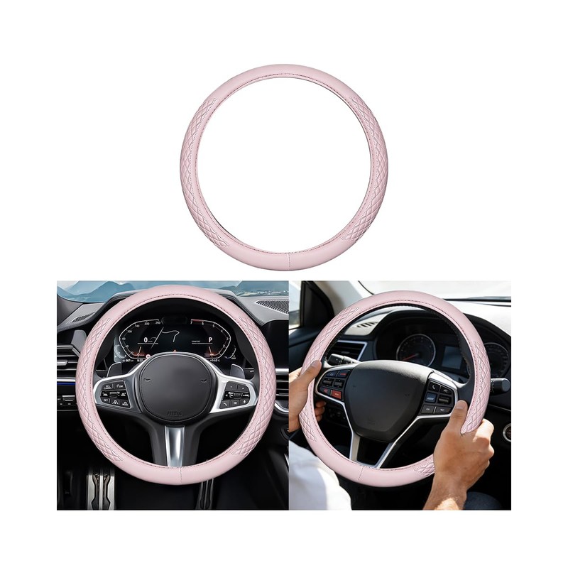 14.5-15 Inch Steering Wheel Cover Non-Slip Leather, Pink
