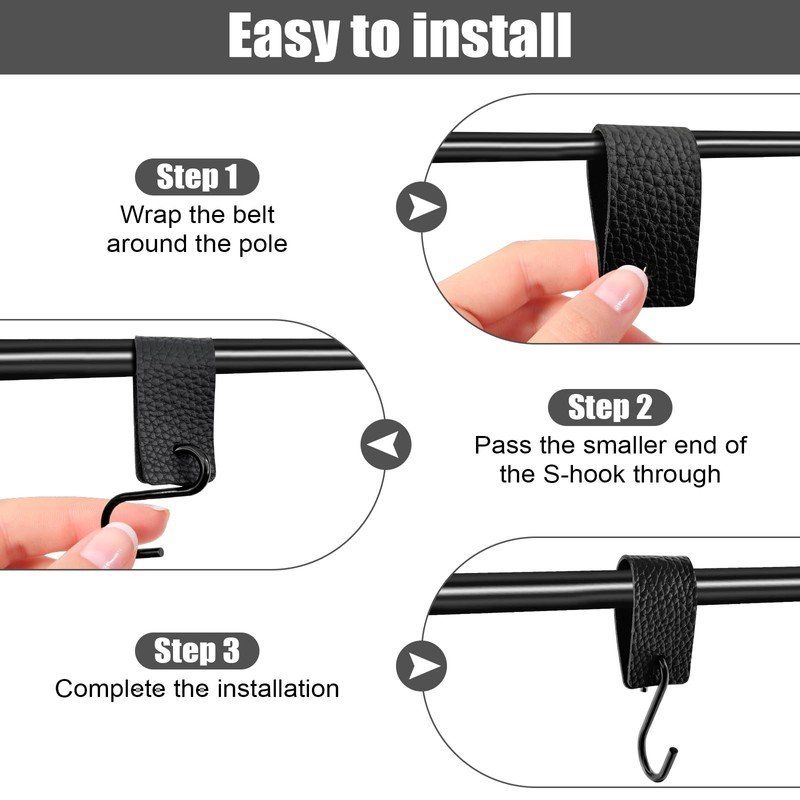 FORETOGO 8 Pcs Leather S Hooks,Multifunctional S-Hook with Leather Loop,Black