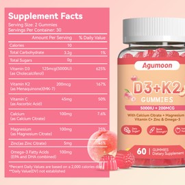 Agumoon Vitamin D3 K2 Gummies for Adults - Vitamin D3 5000IU + K2 (MK-7) 200mcg, with Calcium Citrate, Magnesium Citrate, Omega-3 for Bone, Muscle, Teeth Immune - 60 Gummies