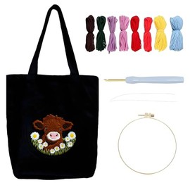 Embroidery Beginner Kit: Canvas Tote with Pattern Embroidery Beginner Kit, Adult Arts and DIY Crafts Kit (Alpine Cow)