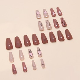 Valentine's Day Press on Nails French Tip Fake Nails Coffin False Nails with Pink Heart Designs Dark Pink Glue on Nails Heart Stick on Nails Cute Acrylic Nails Full Cover Glossy Artificial Nails