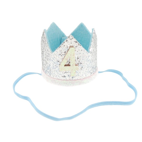 Adorable Boys Girls Glitter 4th 4 Years Birthday Elastic Crown (Silver White 4)