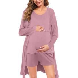 SWOMOG Women Maternity Nursing Robe Set Postpartum Pajamas 3 PCS Breastfeeding Labor Delivery Pregnancy Hospital Pjs Taro Purple Medium
