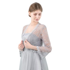 Central Chic© Womens Open Front Lace Shrug Bolero Cardigan For Weddings Brides Bridesmaids Evening Dresses (Silver Grey)