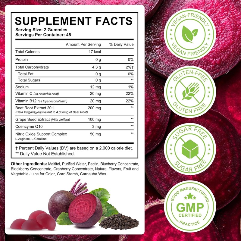 Beetroot Gummies, 90 Count - Non-GMO Beet Root Supplement for