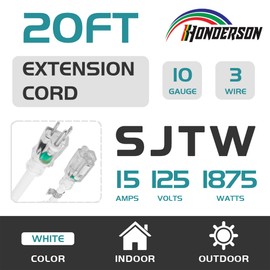 HONDERSON Indoor Outdoor Extension Cord Weatherproof with Lighted End, UL Listed, 10 Gauge 20FT White 3 Prong Heavy Duty, 10/3 SJTW 15A Power Cord for Outdoor Lights, Lawn