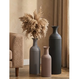 Sziqiqi Metal Tall Floor Vase: Tricolor Large Ribbed Floor Vasess 27/20/16in for Living Room - Farmhouse Earth Tones Vases for Pampas Grass - Oversized Standing Vase for Fireplace Home Corner Hallway