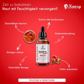 Kanzy Organic Rosehip Oil - 100% Pure Cold-Pressed, Vegan, Hexane-Free, Anti-Aging & Anti-Wrinkle for Skin, Hair, Nails - 120ml
