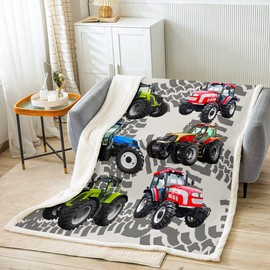 Loussiesd Tractors Plush Blanket Boys Cartoon Construction Tractor Sherpa Blanket Kids Vehicles Truck Car Throw Blanket Teens Red Blue Green Cars Fuzzy Blanket for Sofa Bed,Single 50x60 Inch