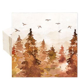 Whaline 50Pcs Fall Thanksgiving Paper Napkins Watercolor Pine Tree Forest Bird Disposable Luncheon Napkins Rustic Dinner Hand Napkins for Autumn Holiday Party Supplies