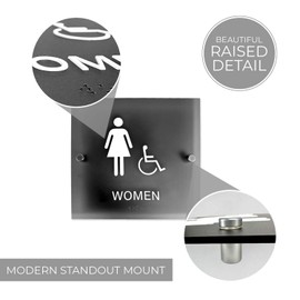 Smoke Grey Designer ADA Men And Women Restroom Signs / 9" x 9" Square Bathroom Sign Set With Braille And Handicap Symbol/Chic Gray Translucent Sign With Stand Off Mounts/Made In The USA