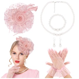 CIEHER 5 Pack Fascinators Hats for Women Tea Party, Kentucky Women Derby Hat Lace Gloves Big Pearl Jewelry Set - Pink(Style 3)