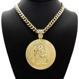 Hip Hop Gold Plated Large SANTA BARBARA Pendant & 10mm 18" ~ 30" Cuban Chain Necklace - OPTION: PENDANT & 24" CHAIN