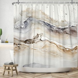ASDCXZ Marble Shower Curtain 180 x 200 cm, Modern Abstract Grey Brown White Gradient Marble Look Texture Washable Bathroom Shower Curtains Polyester Textile Waterproof Shower Curtain for Bath with 12