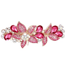 Hair Clip, Flower Design, Bijou Barrette with Stones, Elegant, Gorgeous, Weddings, Recitals, Graduation Ceremonies, Rhinestones, Sparkling (Pink)