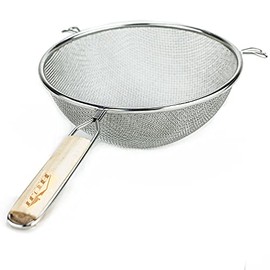 Huji Stainless Steel Fine 8" Double Mesh Food Strainer Colander Sieve Sifter with Wooden Handle for Kitchen Rice Pasta Noodles (1 Pack, 8")