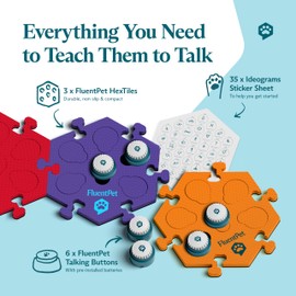 FluentPet Speak Up Get Started Kit with Clearer Upward-Facing Sound | 6 Recordable Buttons w/Pre-Installed Batteries & 3 HexTile Button Mats | Training Dog & Cat Communication Buttons