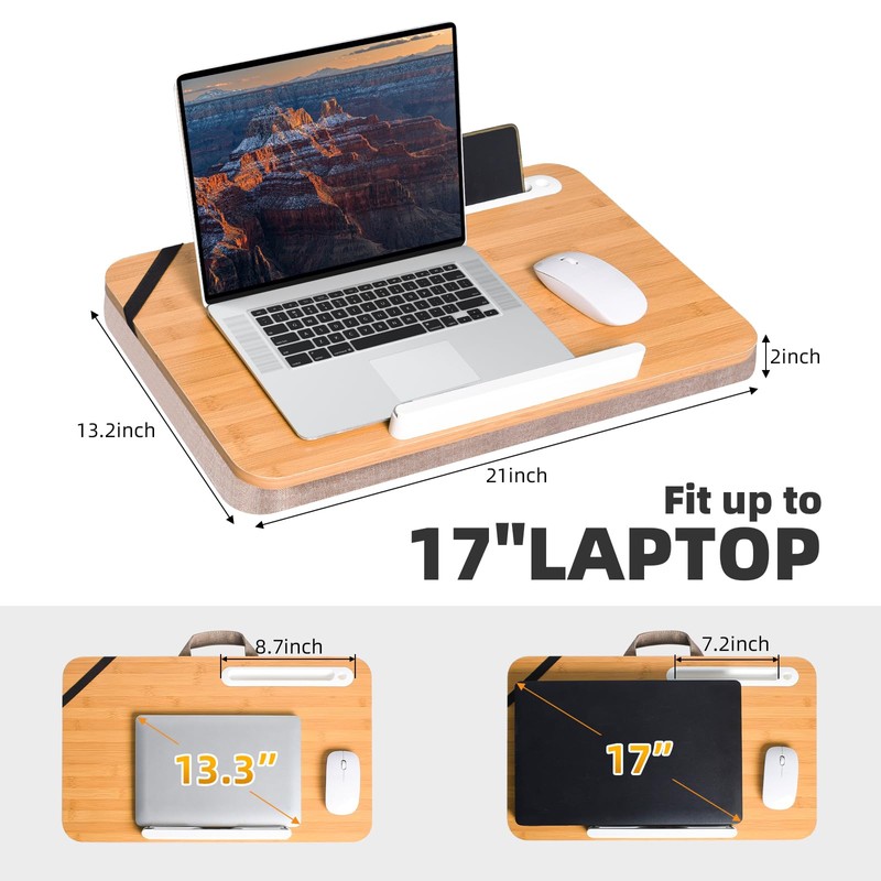wishacc Portable Bamboo Lap Desk Tray, Natural Wood, Large 21.1