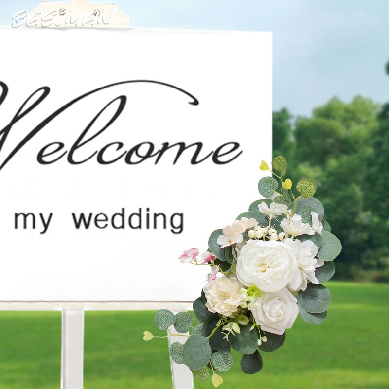 BASIMAN 2pcs Wedding Arch Flowers,Wedding Artificial Sign Flower,Welcome Easel Door