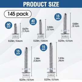 145 PCS Self Tapping Screws for Metal – 410 Stainless Steel Self Drilling Screws Kit, Multiple Sizes (#10 with Washers), Hex Head, Rust-Resistant for Wood, Plastic, Roofing, DIY Projects