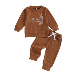 2Pcs Baby Boys Outfits Toddler Long Sleeve Crew Neck Embroidery Letters Mandrake Sweatshirt Tops Jumper Elastic Waist Pants With Pockets Tracksuit (Coffee, 18-24 Months)