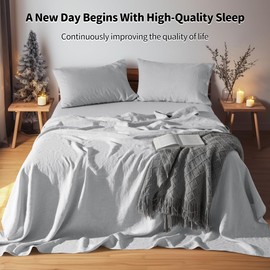 LBR02M 100% Linen Sheet Set King Size,Bed Sheets 4 Piece Sets, Solid Color Natural Flax Bed Sheets Soft Breathable Bedding,16" Deep Pocket,All Season (King, Grey)