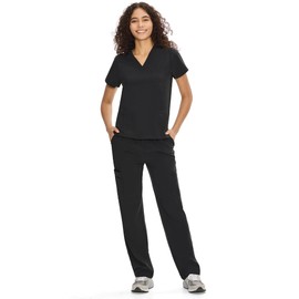 COZYFIT Scrubs for Women Set Medical Uniform - V-Neck Top & Straight Leg Pants with 9 Pockets, Wrinkle-Resistant Unisex Workwear, Black, L