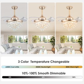 36" Dimmable Crystal Chandelier Fan with Light & Remote Controller LED Crystal Ceiling Fan Modern Crystal Fandeliers with Noiseless Motor for Bedroom Dinning Room Living Room Office (Gold)