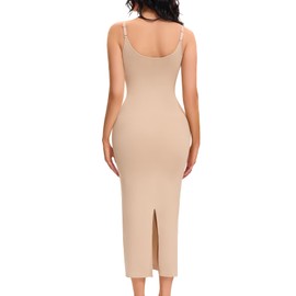 Miguofan Shapewear Slips for Under Dresses Full Slip Dress for Women Tummy Control Seamless Body Shaper V Neck Slip (US, Alpha, Small, Regular, Regular, Beige)