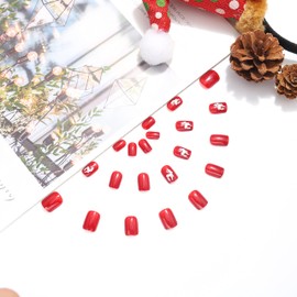 Zehope Press on Nails Red Short Square Christmas Snowman Fake Nails Acrylic Stick on Nails with Elk Santa Design Glossy Artificial False Nails for Women and Girls(24PCS) (A)