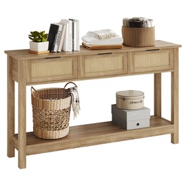 Luoxiao Rattan Console Table Boho Entryway Table with 3 Drawers Storage, Narrow Long Behind Couch Sofa Table for Living Room Side Table Entry Way Table Entrance Hallway Foyer, Natural, 47 Inch