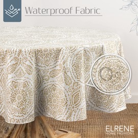 Elrene Home Fashions Savannah Boho Paisley Water- and Stain-Resistant Vinyl Tablecloth with Flannel Backing, 70 Inches X 70 Inches, Round, Taupe