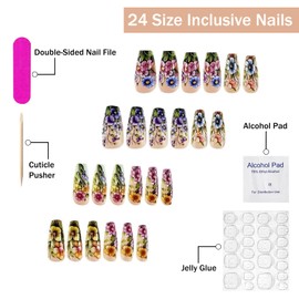 Flower Press on Nails Medium Coffin SWEKKE French Tip Fake Nails False Nails with Floral Designs Full Cover Glossy Glue on Nails Spring Summer Acrylic Nails for Women Girls 24 Pcs