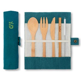 Bamboo Cutlery Set | Eco Travel Set with Carrying Pouch | Plastic Free | Zero Waste | 20 cm | Lagoon | Bambaw