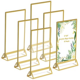6 Piezas Marcos de Fotos Dorados de Doble Cara, Soporte Acrílico para Letreros, Soportes de Exhibición de Menú de Mesa, Marcos de Fotos para Números de Mesa de Boda, 4 x 6 Pulgadas